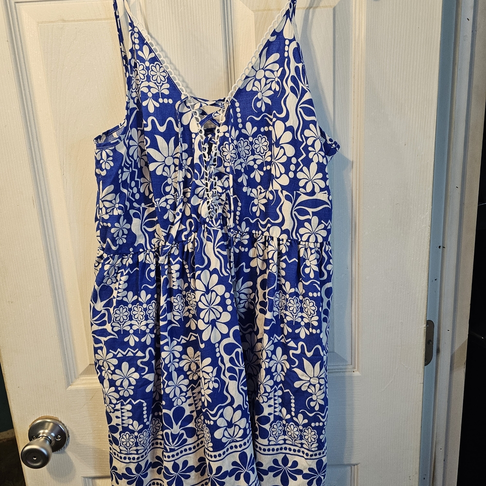 Cupshe Floral Lace-Up Mini Dress in Blue and White
